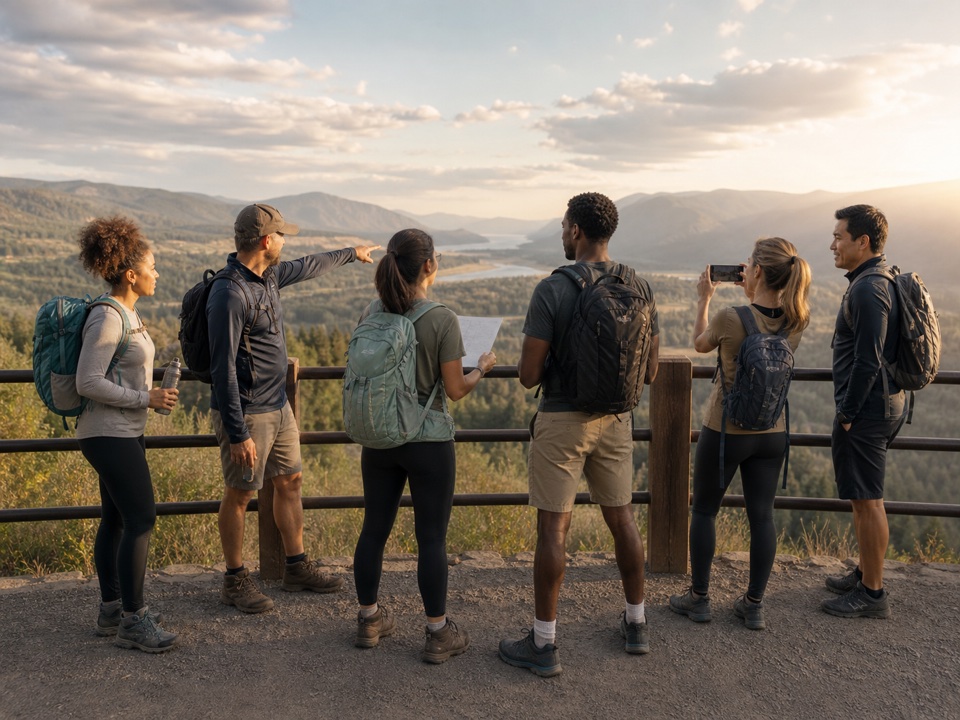 Friends pausing together at a scenic overlook