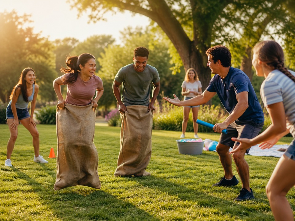Adults playing a street game at a neighborhood block party