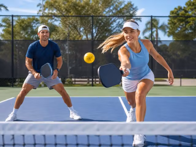 Two players with paddles facing a yellow ball on a pickleball court.