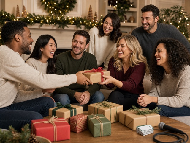 Friends exchanging gifts at a holiday party
