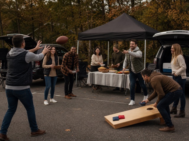 Adults tailgating before a college football game