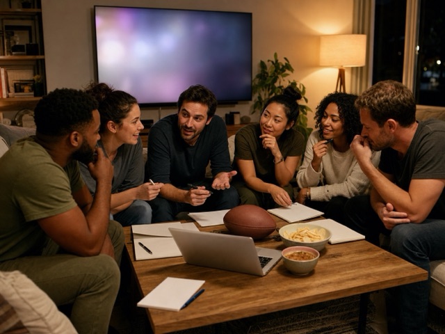 Friends running a fantasy football draft night game board
