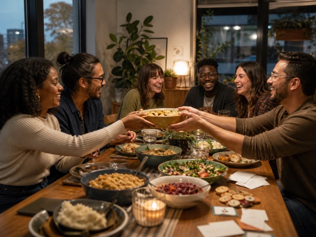 Friends sharing a potluck-style gathering at a table
