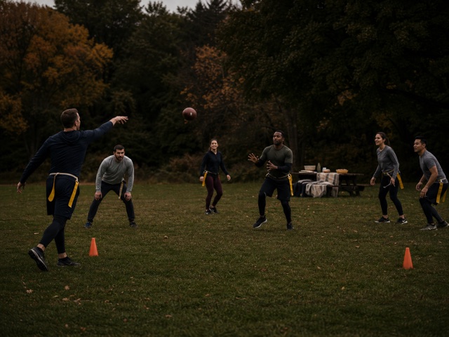 Adults playing a casual football activity outdoors