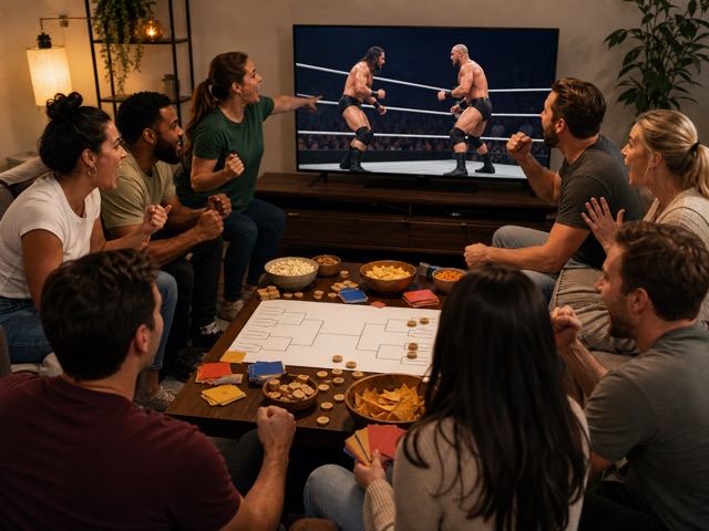 Adults at a fight-night watch party