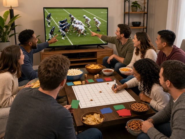 Adults watching football together at an indoor Super Bowl party