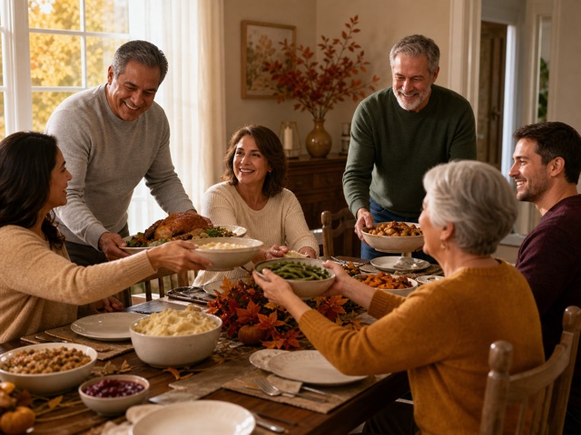 Friends sharing a potluck-style gathering at a table