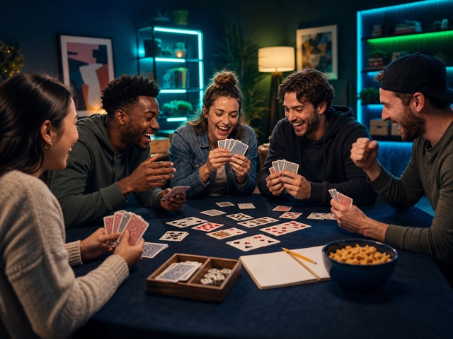 Friends gathered around a poker table
