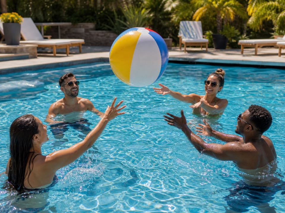 Beach ball keep-up rally swimming pool game