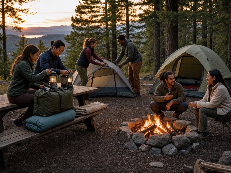 Friends at a forest campsite between camp activities