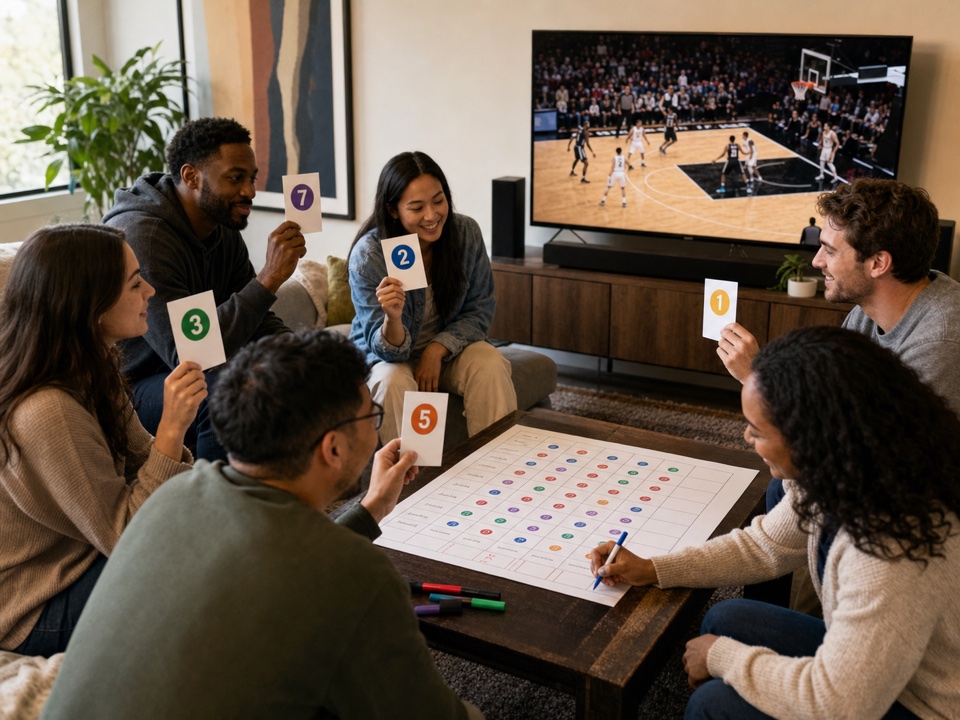 Friends holding prediction cards while watching basketball on TV