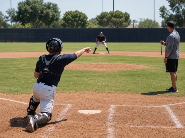 Catcher Pop-Time Count activity preview - Catchers receive and throw to second on stopwatch timing. Best average pop-time wins.