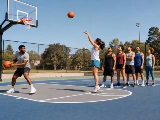 Two players with basketballs near a hoop while others wait in a line.