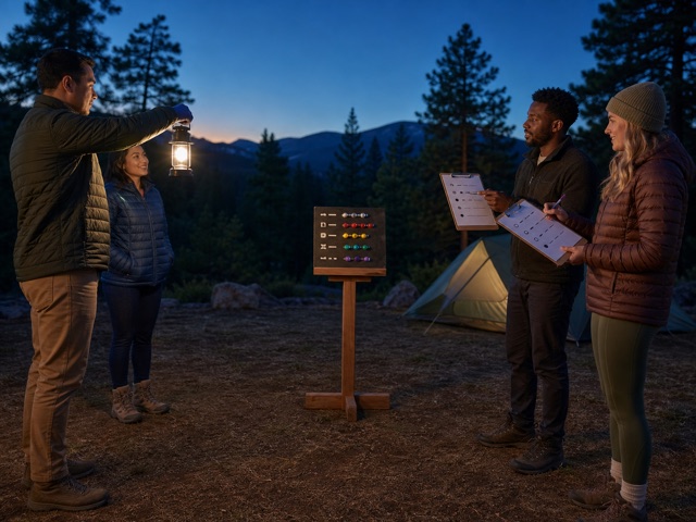 Lantern Signal Game activity preview - Send and decode simple lantern patterns inside a campsite boundary.