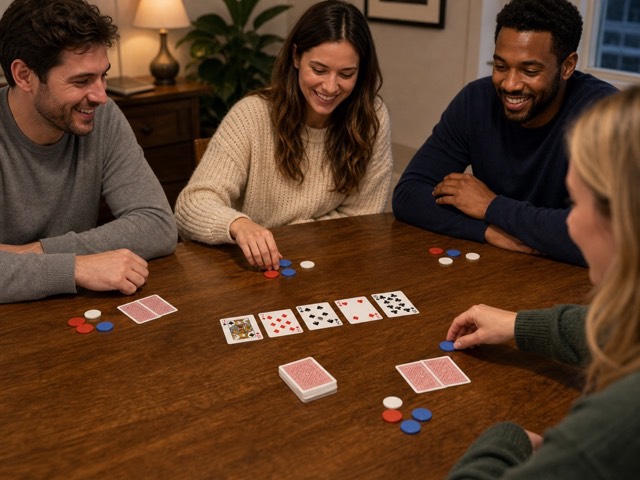 Chinese Poker Thirteen-Card Set activity preview - Deal 13 cards each and set three hands: a three-card front, five-card middle, and five-card back, with the back at least as strong as the middle and the middle at least as strong as the front. Compare each row against every opponent; winning two of three rows scores the point.