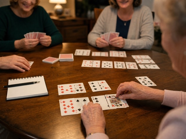 Pinochle Meld Race activity preview - Play a short pinochle match to the agreed score with normal meld counting.