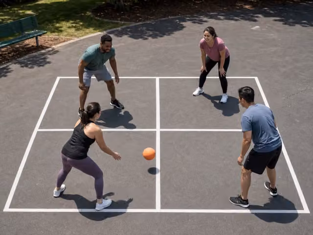 Four adults standing in separate squares on an outdoor court, with one orange ball near a player's hand