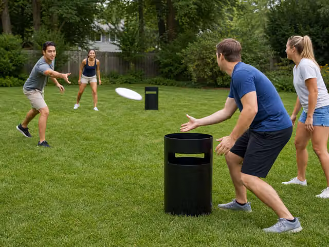 Four friends playing with a flying disc and black slotted targets on grass.