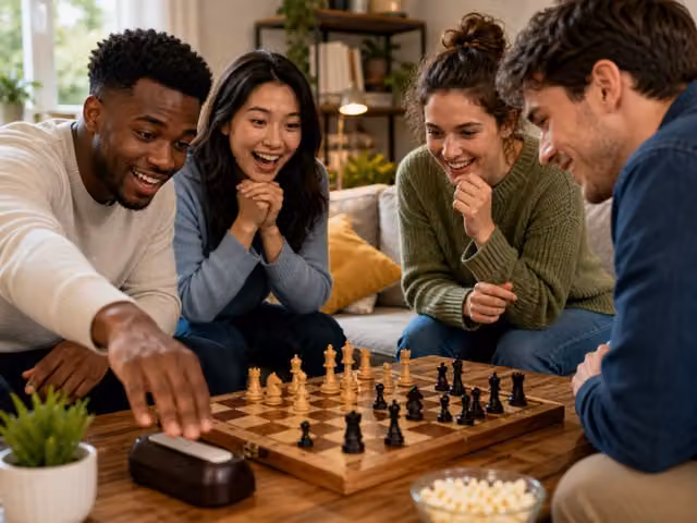 Friends watching a player move a piece on a chessboard.