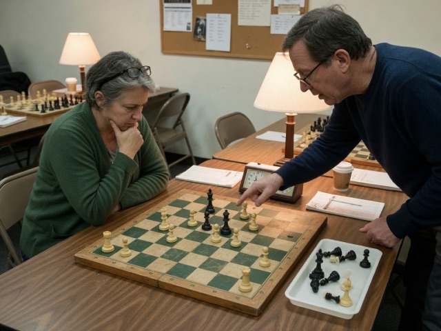 Correspondence Corner activity preview - A single demo-board game played one move per window across the evening.