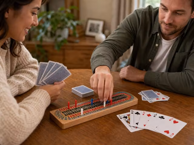 Two players holding playing cards beside a wooden cribbage board.