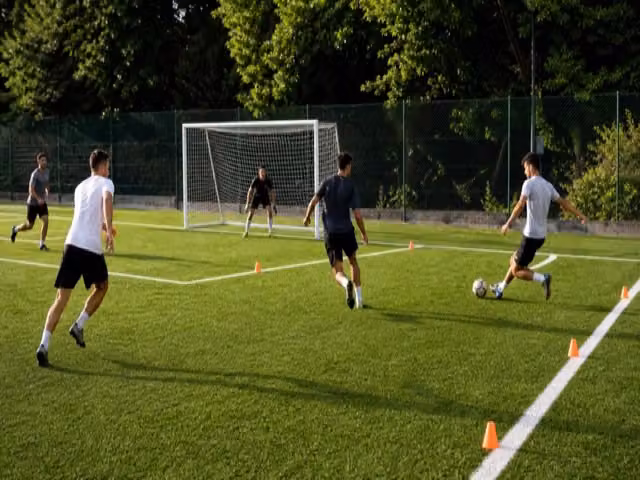 Players passing a soccer ball toward a goal on a grass field.