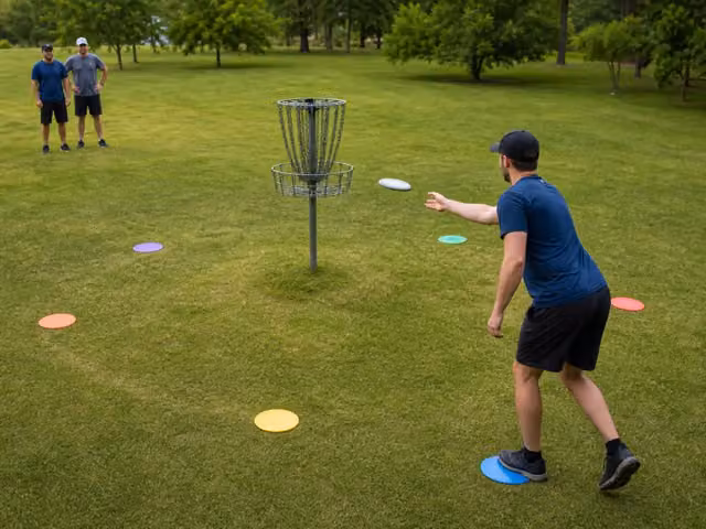 A player throwing a flying disc toward a chain disc-golf basket on grass.