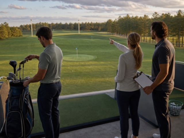 Simulated 18 Home Course activity preview - Play a real course shot-by-shot from the range using yardage-matched gates and flags.