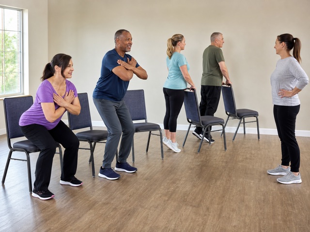 Chair-Safe Strength Round activity preview - Use stable chair-supported movements for a low-impact strength round.