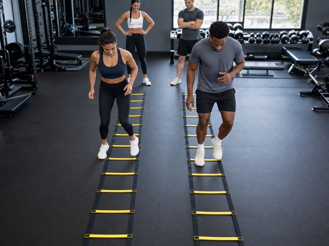 Agility Mirror Run activity preview - Mirror your opponent through an agility ladder pattern without stepping out. Fastest clean run wins.