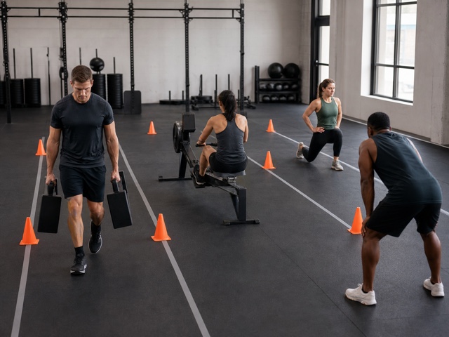 Carry-and-Run Medley activity preview - Alternate run laps with sandbag or farmer carries over four timed rounds.
