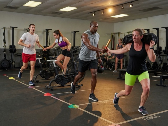 Team of Four Relay activity preview - Teams of four split run, cardio, carry, and lunge legs on one cumulative clock.