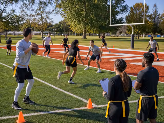 A quarterback with yellow hip flags preparing to pass while a teammate runs toward a defender on a marked field