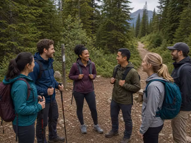 Six adults with daypacks pause together on a broad forest trail