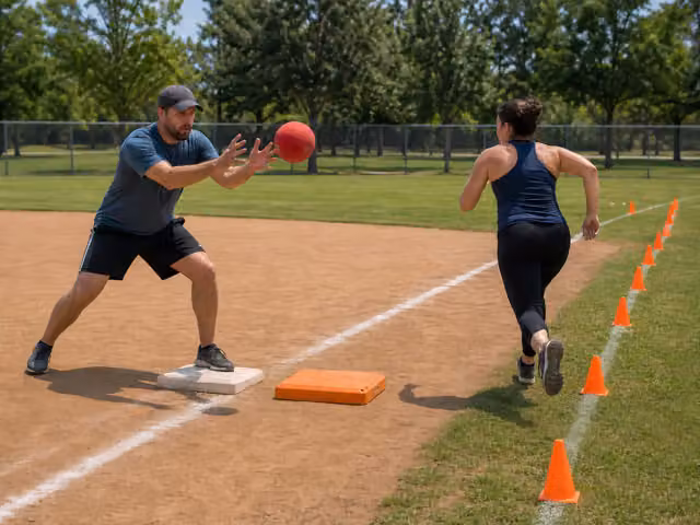 A fielder receiving a red kickball at first while a runner passes the separate orange runner base