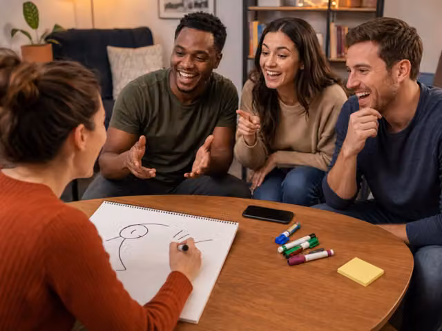 A player drawing on paper while friends watch around a table.