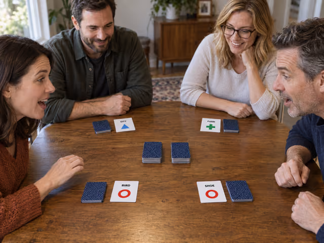 Two Anomia players face off over BIRD and SHOE cards with matching red-ring symbols.