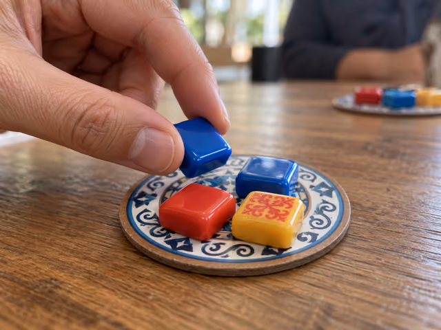 A hand selects a blue Azul tile from a circular factory display