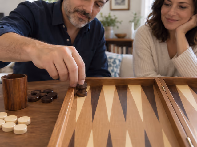Two adults begin setting dark checkers onto a wooden Backgammon board