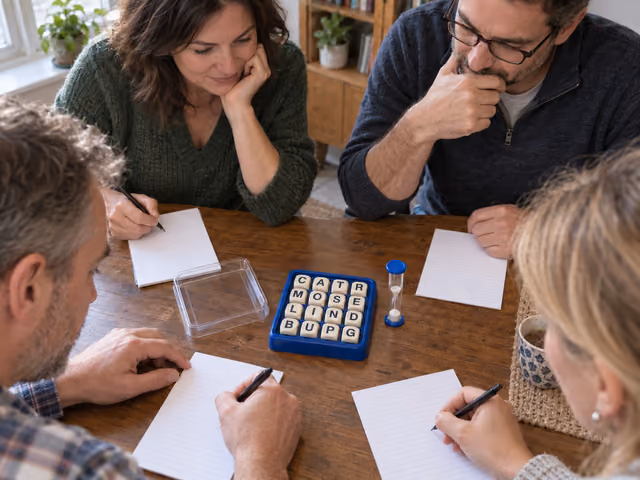 Four adults prepare to find words in a Boggle grid beside a sand timer
