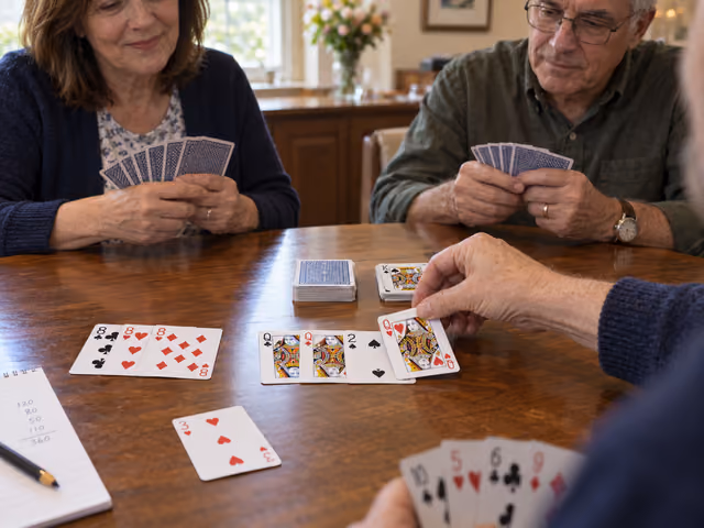 An adult adds a queen to a Canasta meld beside eights and a separate red three