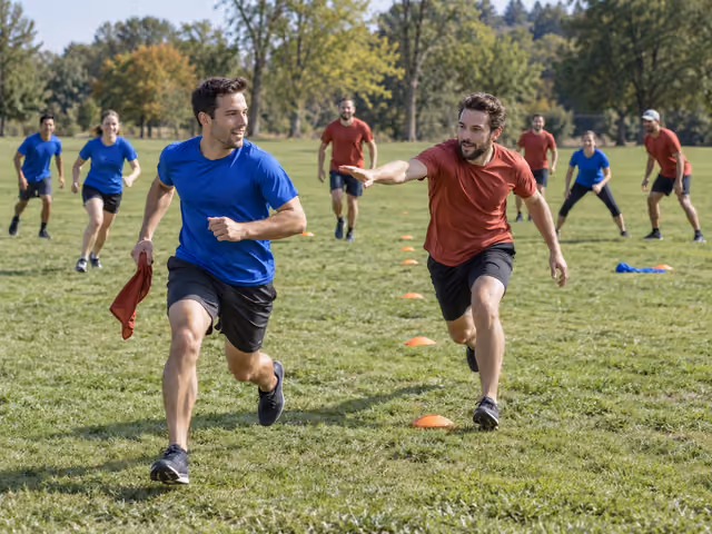 A blue-shirted adult carries a loose cloth flag while a red-shirted player follows across a marked grass field.