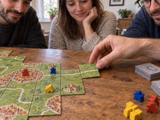An adult places a road tile beside a Carcassonne landscape with standing followers and a farmer lying in a field.