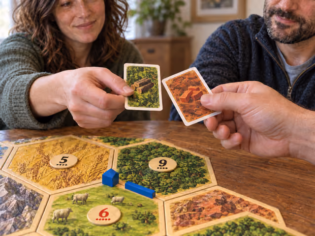 Adults offering wood and brick resource cards over a CATAN board, with a settlement at a hex corner and a road along an edge.