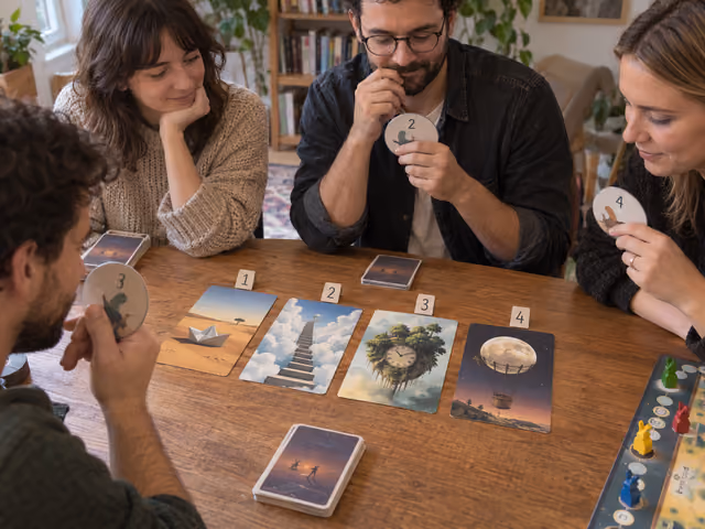 Four adults revealing votes beside four surreal picture cards in Dixit