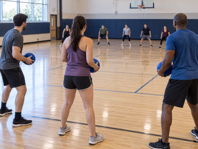 Adults holding foam dodgeballs while facing opponents across a gym court