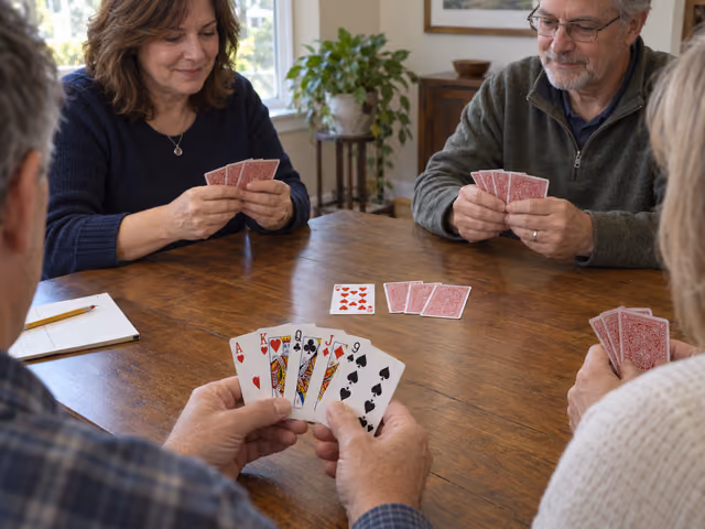 Four adults prepare an Euchre hand with a face-up heart card and three undealt cards
