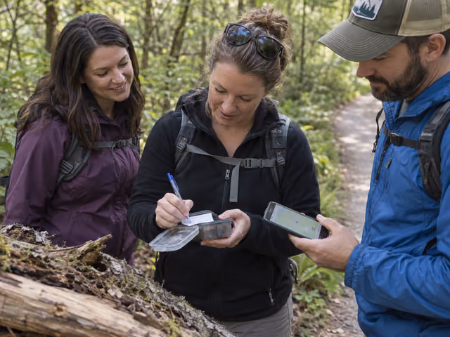 Three adults signing a geocache log beside a woodland path