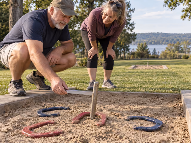 Two adults inspecting four pitching horseshoes around a stake after an inning