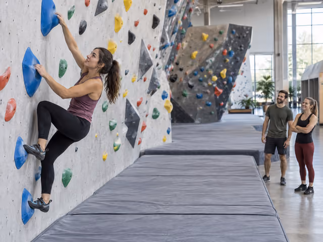 An adult climbing blue holds indoors while friends wait outside the padded landing area